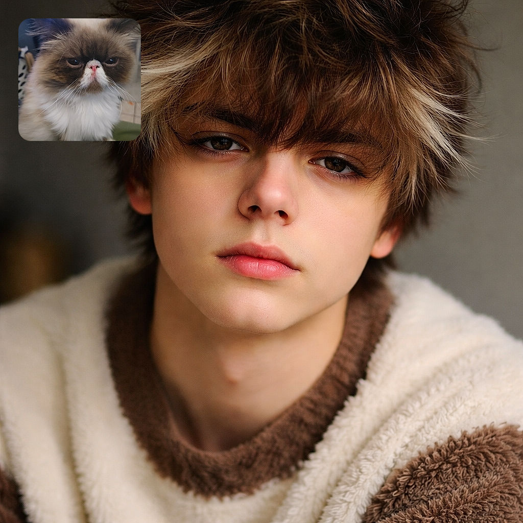 A gloriously grumpy, flat-faced fluffy cat stares straight into the camera like it’s personally offended by your selfie timing — pink snoot, majestic whiskers, and a dramatic ruff that demands treats.