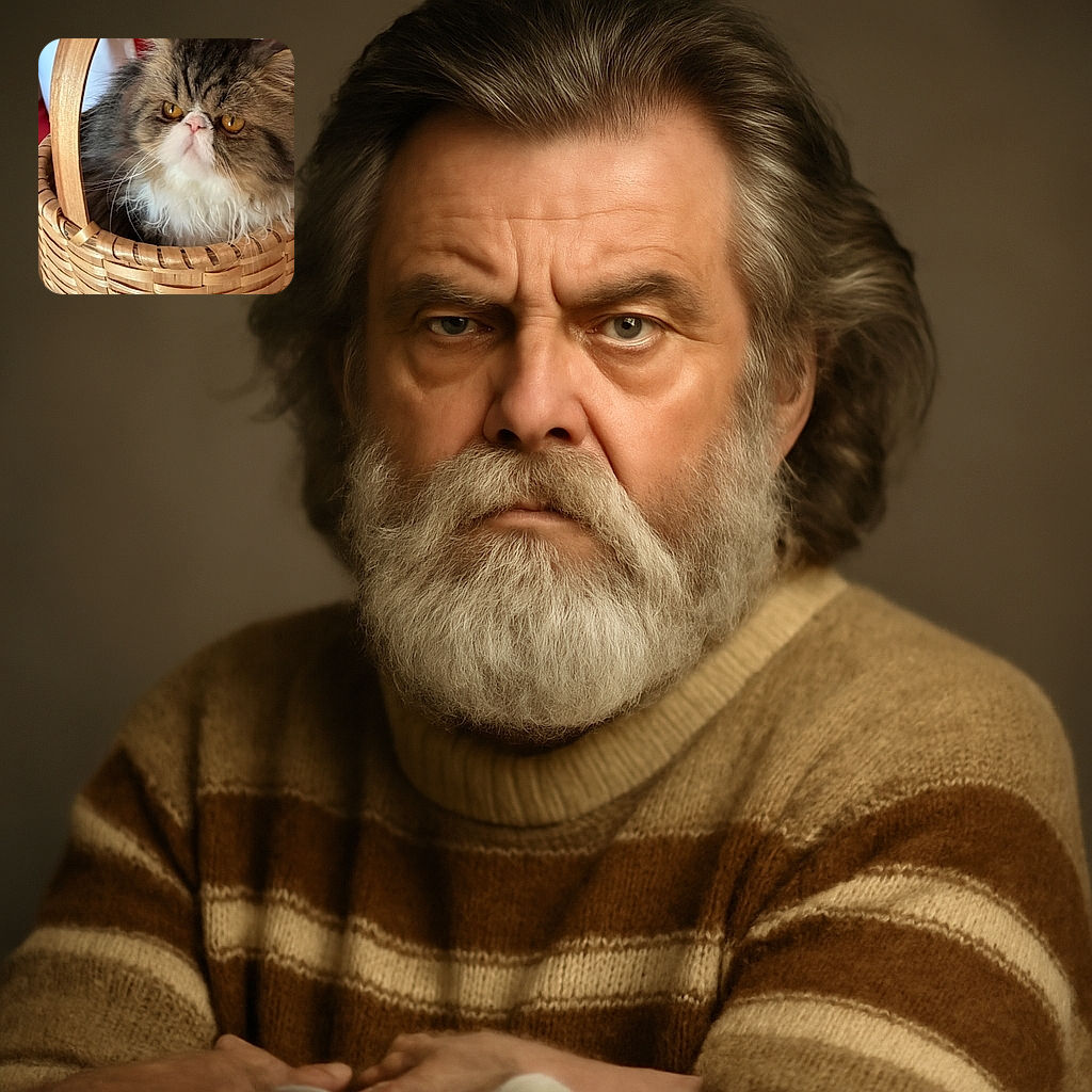 A fluffy, grumpy-faced cat with big amber eyes is cozily nestled inside a woven basket, looking like the king of comfy hideouts with an expression that says 'I demand treats now!'