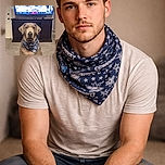 A serious-looking dog wearing a Dallas Cowboys bandana sits on a carpeted floor in front of a wooden TV stand. The TV above shows a football game featuring the Dallas Cowboys, with several players and coaches visible on the screen. The image has a Snapchat-style text overlay expressing fandom for the Cowboys.