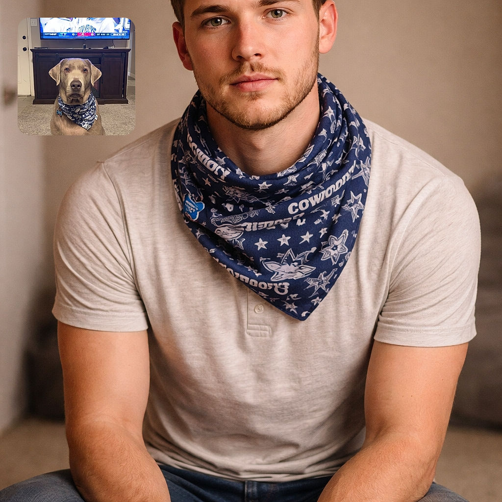 A serious-looking dog wearing a Dallas Cowboys bandana sits on a carpeted floor in front of a wooden TV stand. The TV above shows a football game featuring the Dallas Cowboys, with several players and coaches visible on the screen. The image has a Snapchat-style text overlay expressing fandom for the Cowboys.