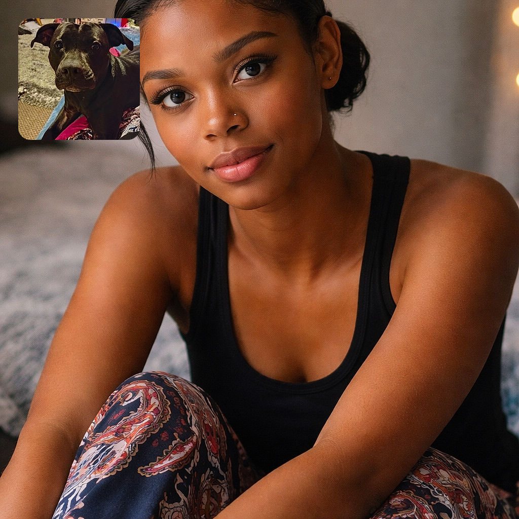 A curious black pup stares into the camera like it's about to negotiate extra treats — big soulful eyes, shiny nose in the foreground, and cozy bedroom lights and blankets making the perfect guilty-pleasure backdrop.