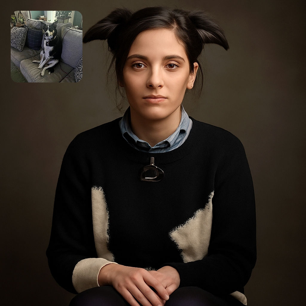 A charming black and white dog sits upright on a cozy grey couch, surrounded by patterned cushions and indoor plants, looking attentively towards the camera in a warmly lit living room.