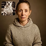 A charming small dog wearing a cozy knitted sweater sits attentively, staring directly at the camera with a calm and wise expression. The sepia tone adds a vintage feel, making the pup look like a distinguished old-timey gentleman.