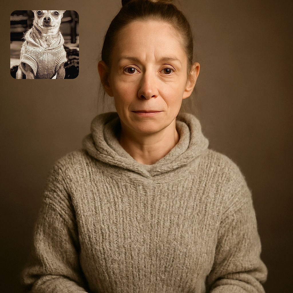 A charming small dog wearing a cozy knitted sweater sits attentively, staring directly at the camera with a calm and wise expression. The sepia tone adds a vintage feel, making the pup look like a distinguished old-timey gentleman.