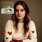 A fluffy cat with striking blue eyes lounges regally on a bed adorned with white sheets covered in red hearts, blending love and laziness in perfect harmony against a plain beige wall.