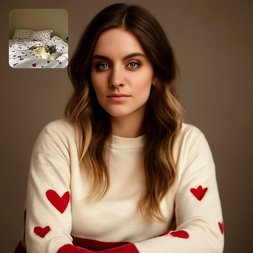 A fluffy cat with striking blue eyes lounges regally on a bed adorned with white sheets covered in red hearts, blending love and laziness in perfect harmony against a plain beige wall.