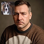 A close-up photo of a brindle and white dog sitting on a dark couch with a patterned pillow in the background. The dog's expression is calm and slightly serious, with ears perked up and eyes looking directly at the camera.