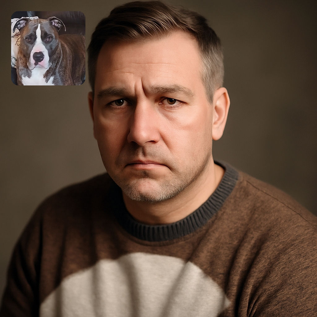 A close-up photo of a brindle and white dog sitting on a dark couch with a patterned pillow in the background. The dog's expression is calm and slightly serious, with ears perked up and eyes looking directly at the camera.