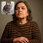 A regal tabby cat sits proudly on a soft textured surface, gazing slightly upwards with a confident and curious expression. The background is a plain white wall, making the cat the clear focal point of this cozy indoor portrait.