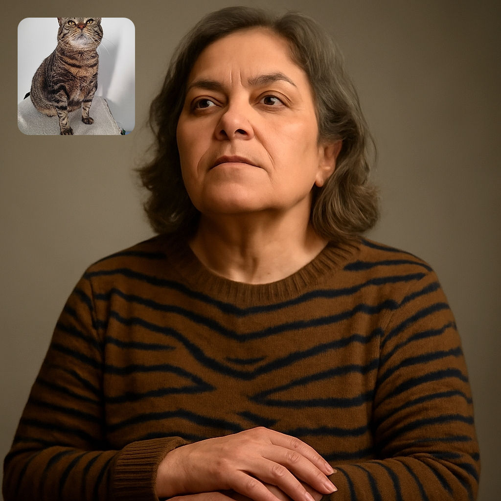 A regal tabby cat sits proudly on a soft textured surface, gazing slightly upwards with a confident and curious expression. The background is a plain white wall, making the cat the clear focal point of this cozy indoor portrait.