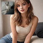 A curious kitten with big blue eyes and soft fur stands on a textured white surface, casting a shadow on the plain wall behind it, while a dark blanket or pillow occupies the foreground.