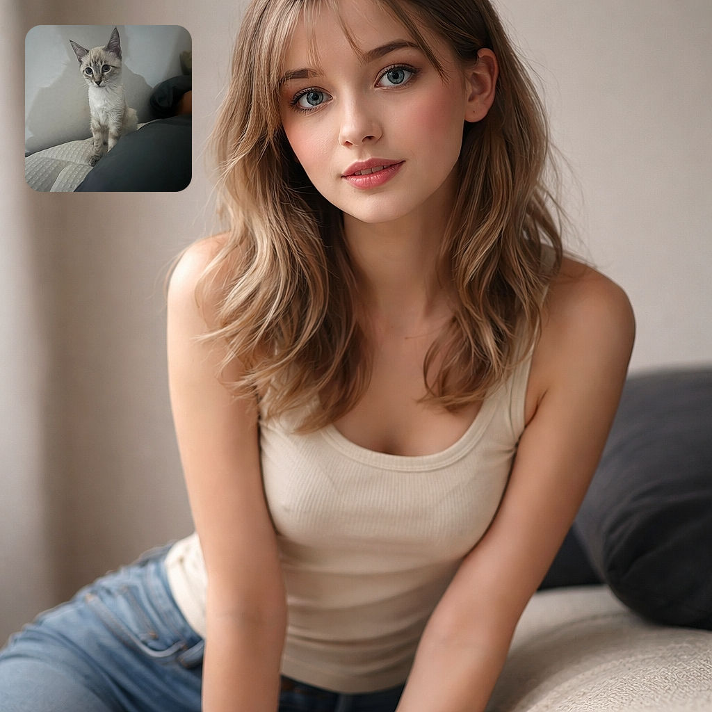 A curious kitten with big blue eyes and soft fur stands on a textured white surface, casting a shadow on the plain wall behind it, while a dark blanket or pillow occupies the foreground.