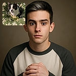 A curious cat with striking yellow eyes is perched snugly in a cozy green floral-patterned bed, looking up as if plotting its next playful move or silently judging your life choices.