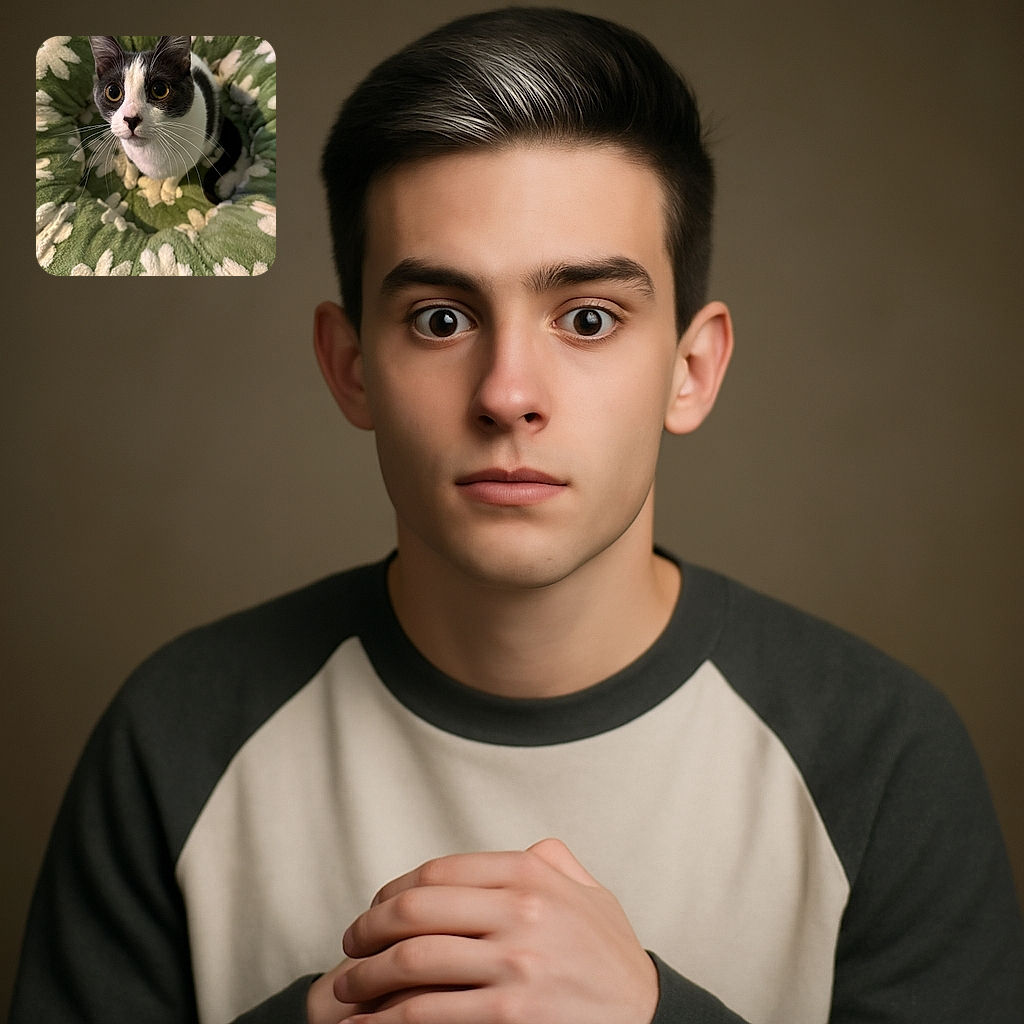 A curious cat with striking yellow eyes is perched snugly in a cozy green floral-patterned bed, looking up as if plotting its next playful move or silently judging your life choices.