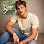 A cute tan dog with a dark snout lounges comfortably on a patch of green grass, looking curiously at the camera with its ears perked up and tail wagging gently.