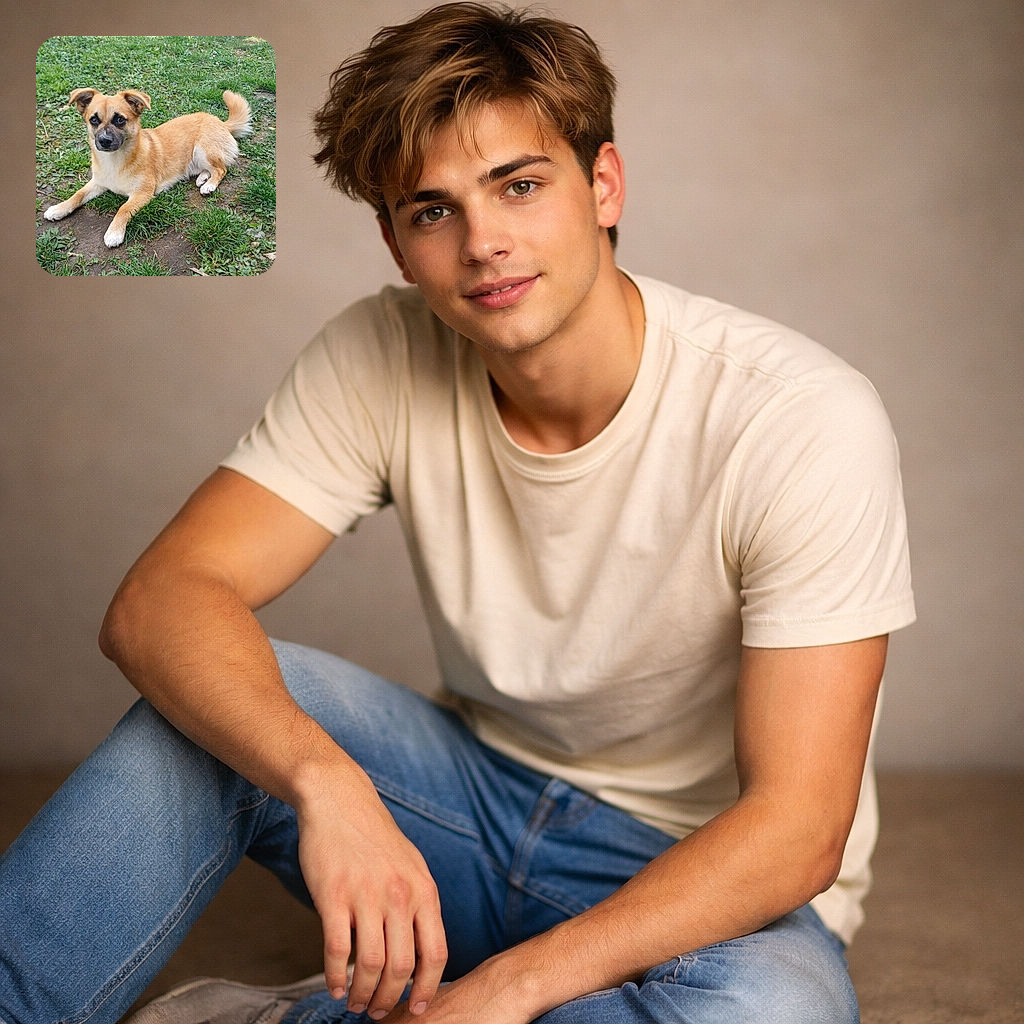 A cute tan dog with a dark snout lounges comfortably on a patch of green grass, looking curiously at the camera with its ears perked up and tail wagging gently.