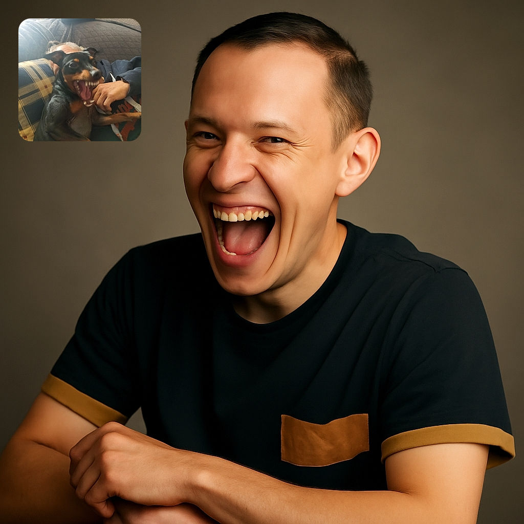 A blurry photo of a small black and tan dog sitting on a person's lap on a couch, with the dog showing an exaggerated open mouth with large teeth, creating a humorous and surreal effect.