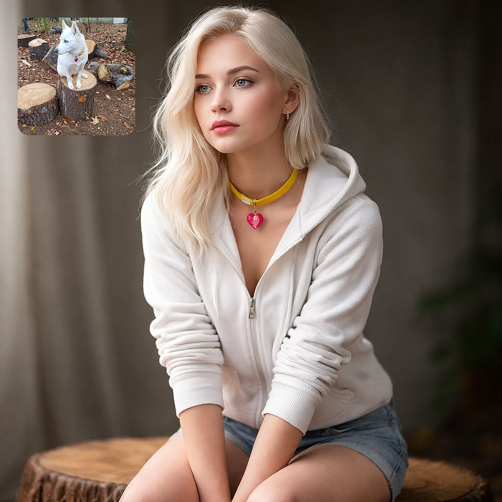 A blue-eyed white husky perched like a woodland judge on a freshly cut stump, giving a dramatic sidelong stare while surrounded by logs and crunchy autumn leaves; yellow collar and pink heart tag add unexpected glamour to this forest throne.