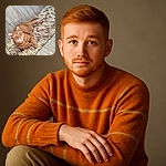 A charming ginger cat with striking green eyes lounges comfortably on a textured beige and brown rug, set against a rustic wooden floor. The cat's relaxed pose and attentive gaze create a cozy and inviting atmosphere.