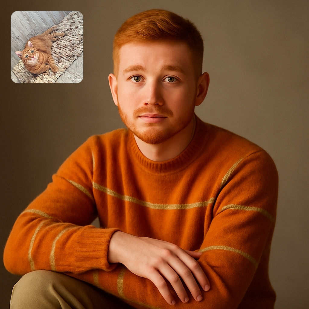 A charming ginger cat with striking green eyes lounges comfortably on a textured beige and brown rug, set against a rustic wooden floor. The cat's relaxed pose and attentive gaze create a cozy and inviting atmosphere.