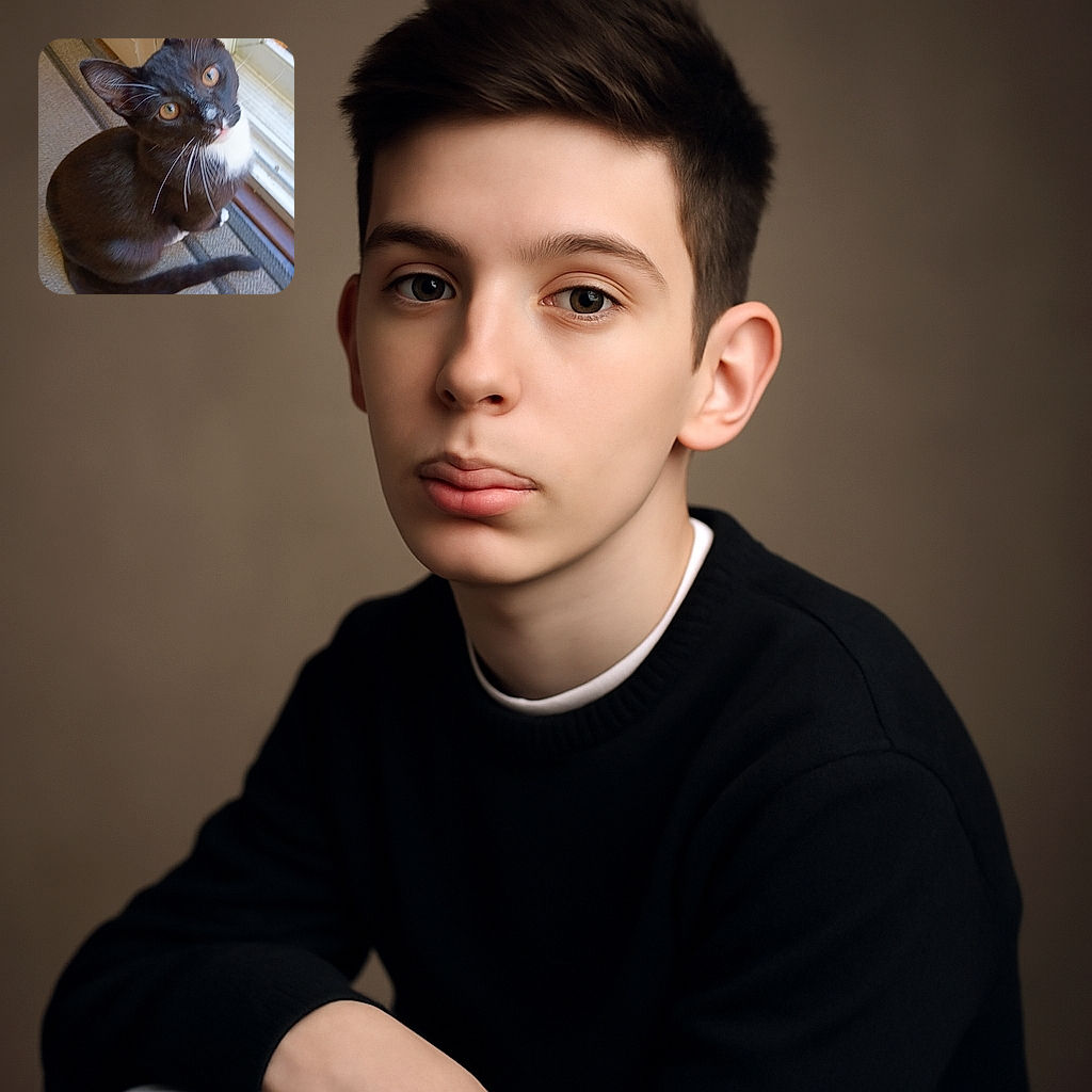 A curious tuxedo cat with bright amber eyes looks up with an inquisitive tilt, sitting on a textured rug near a glass door, ready to pounce on the next adventure or maybe just a sunbeam.