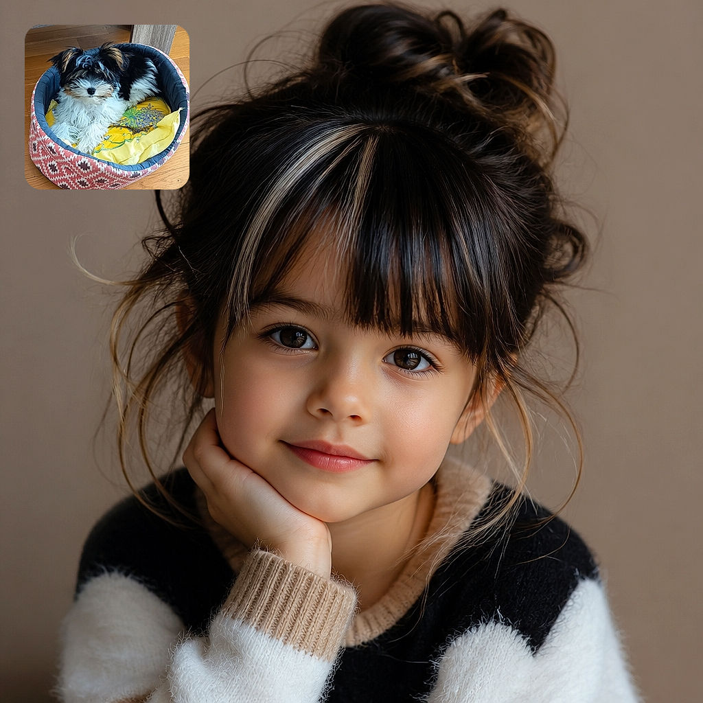 A fluffy black, white, and tan puppy lounges in a colorful cushioned bed like a tiny shaggy monarch, surrounded by sunny yellow fabric and warm wooden floors.