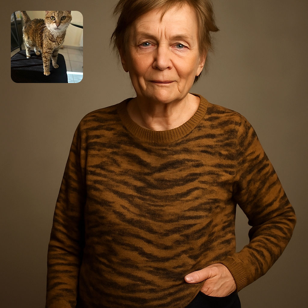 A curious tabby cat stands on a black cushioned chair indoors, looking directly at the camera with its big, round eyes. The background is softly blurred, highlighting the cat's detailed fur pattern and whiskers, while sunlight streams in from the side, casting gentle shadows.
