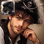 A close-up photo of a cat wearing a fluffy pirate hat with a skull and crossbones emblem, looking curiously at the camera with a slightly dim indoor background.
