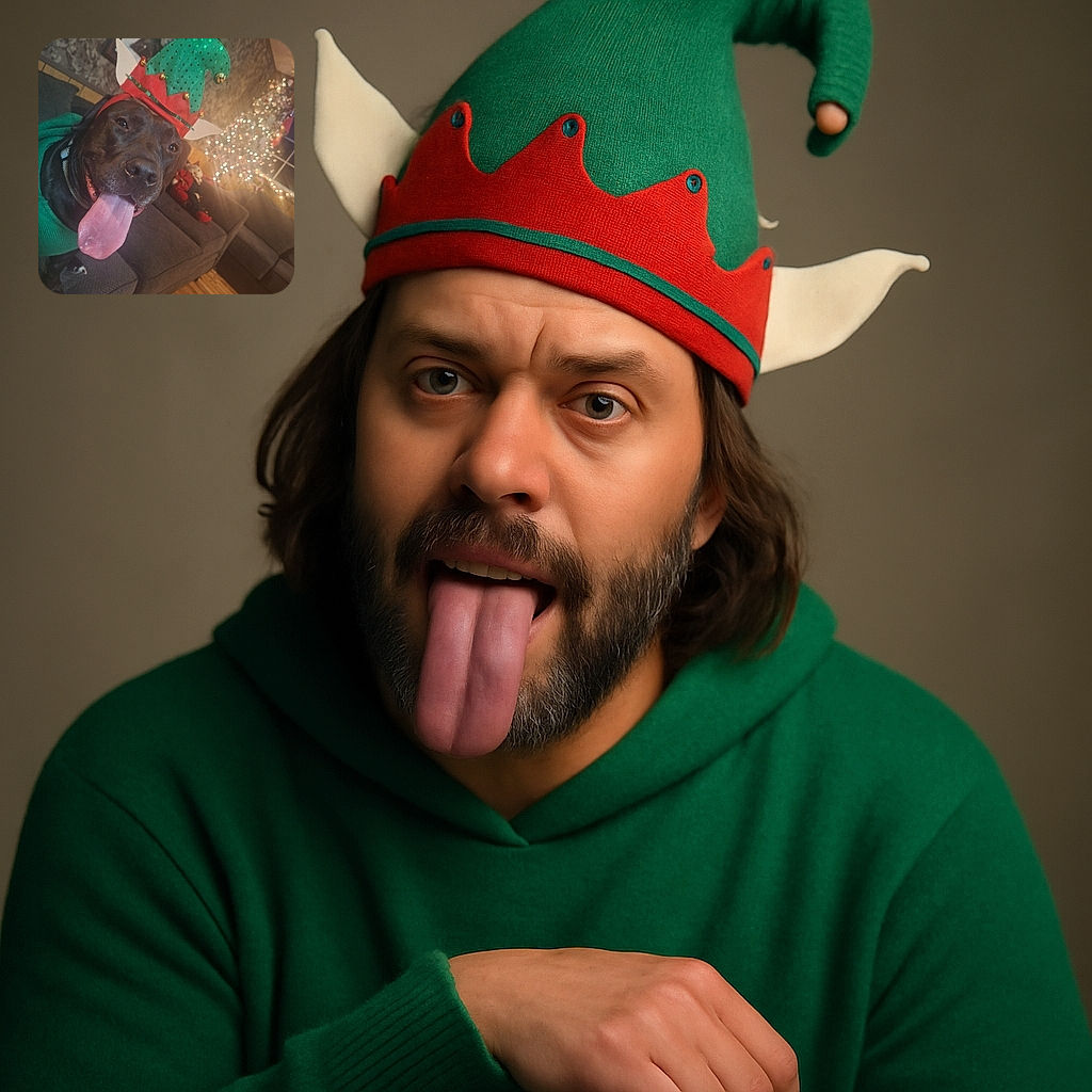 A happy black dog wearing a festive elf hat and green sweater sticks out its tongue in a cozy living room decorated with a sparkling Christmas tree and holiday plush toys on the couch.