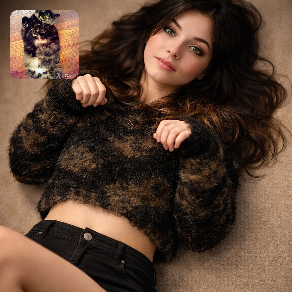 A fluffy tortoiseshell cat sprawled belly-up on a hardwood floor, big yellow eyes locked on the camera like it's auditioning for a dramatic close-up. Paws curled, tail flicking, and a tiny white string nearby — clearly negotiating treats and head scratches in exchange for this irresistible pose.