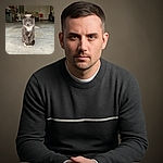 A dignified gray and white cat sits perfectly still on a concrete floor in a garage, looking straight at the camera with an expression that says, 'I own this place.' The background includes a grill, a colorful covered object, a red chair, and a parked car, adding a cozy, lived-in vibe.
