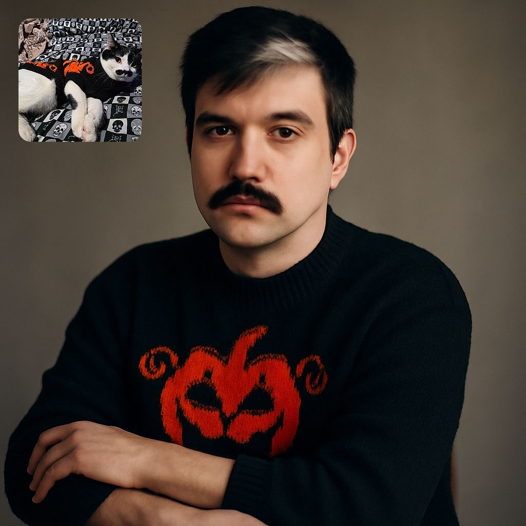 A black and white cat wearing a cozy black sweater with orange patterns lounges on a bed covered with a skull-patterned blanket, looking curiously at the camera with striking yellow eyes and a unique black marking on its face resembling a mustache.