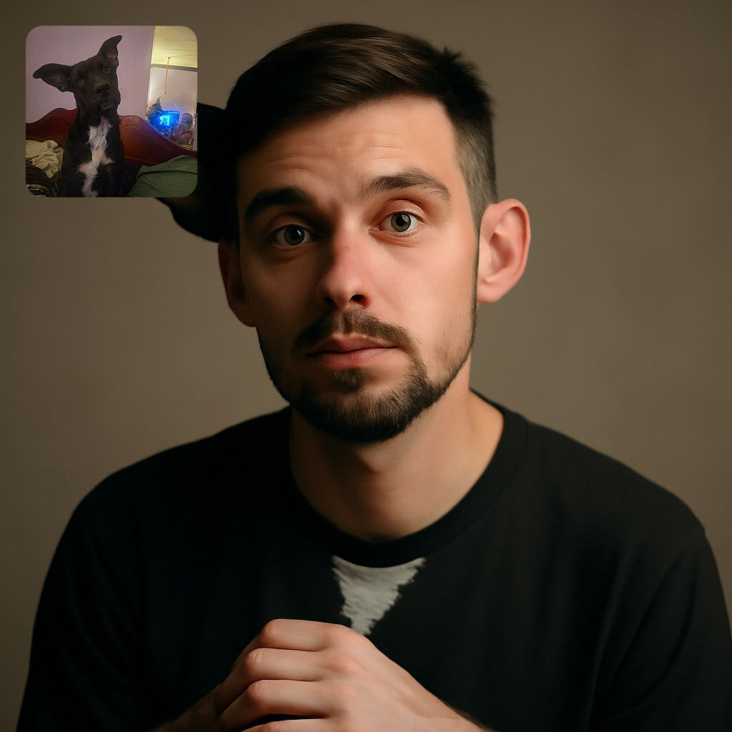A curious black dog with a white chest patch tilts its head inquisitively while sitting on a bed with rumpled blankets. The background features a wooden headboard and a mirror reflecting a softly lit room with some blue light and indistinct objects.
