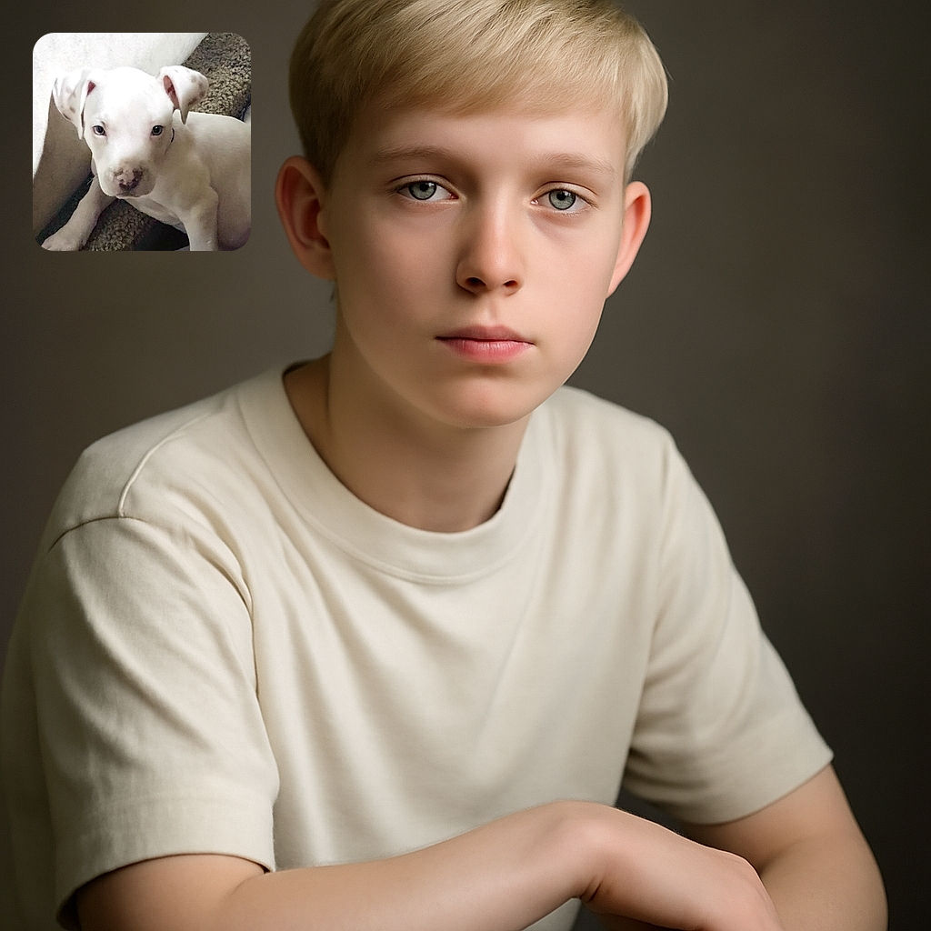 A curious white puppy with speckled ears and a spotted nose lounges on a carpeted stair, looking straight at the camera with innocent eyes, ready to melt your heart.