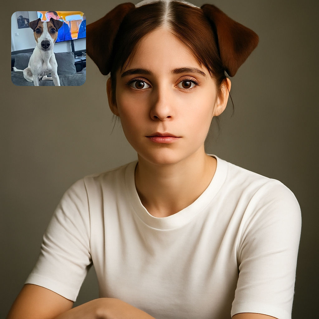 A close-up of an alert and curious Jack Russell Terrier sitting on a gray couch, with a blurred TV screen and wall art in the background, creating a cozy living room vibe.