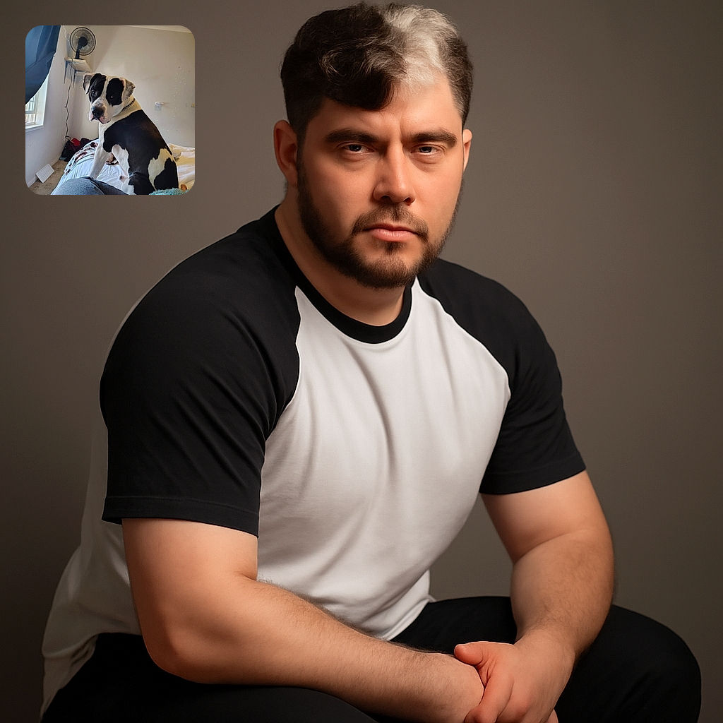 A charming black and white dog sits on a bed, gazing back with soulful eyes. The cozy bedroom features a fan on a wall shelf, soft natural light from a window, and a comfy blanket in the foreground, creating a warm and relaxed atmosphere.