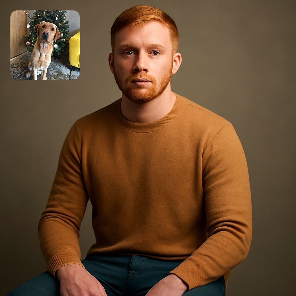 A charming golden-colored dog sits attentively in front of a decorated Christmas tree, with warm lights and shiny ornaments adding festive cheer. The cozy indoor setting includes a yellow couch and wooden cabinet, while the dog looks straight at the camera with soulful eyes, ready for holiday treats or belly rubs.