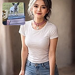 A small white and black dog stands just outside a doorway on a wooden porch, looking inside with a curious and slightly serious expression. The background shows green grass and some outdoor items, while the foreground includes parts of a rug and a plastic container.