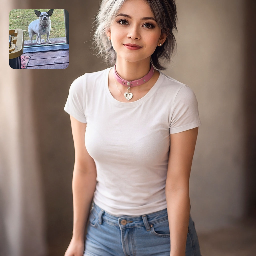 A small white and black dog stands just outside a doorway on a wooden porch, looking inside with a curious and slightly serious expression. The background shows green grass and some outdoor items, while the foreground includes parts of a rug and a plastic container.