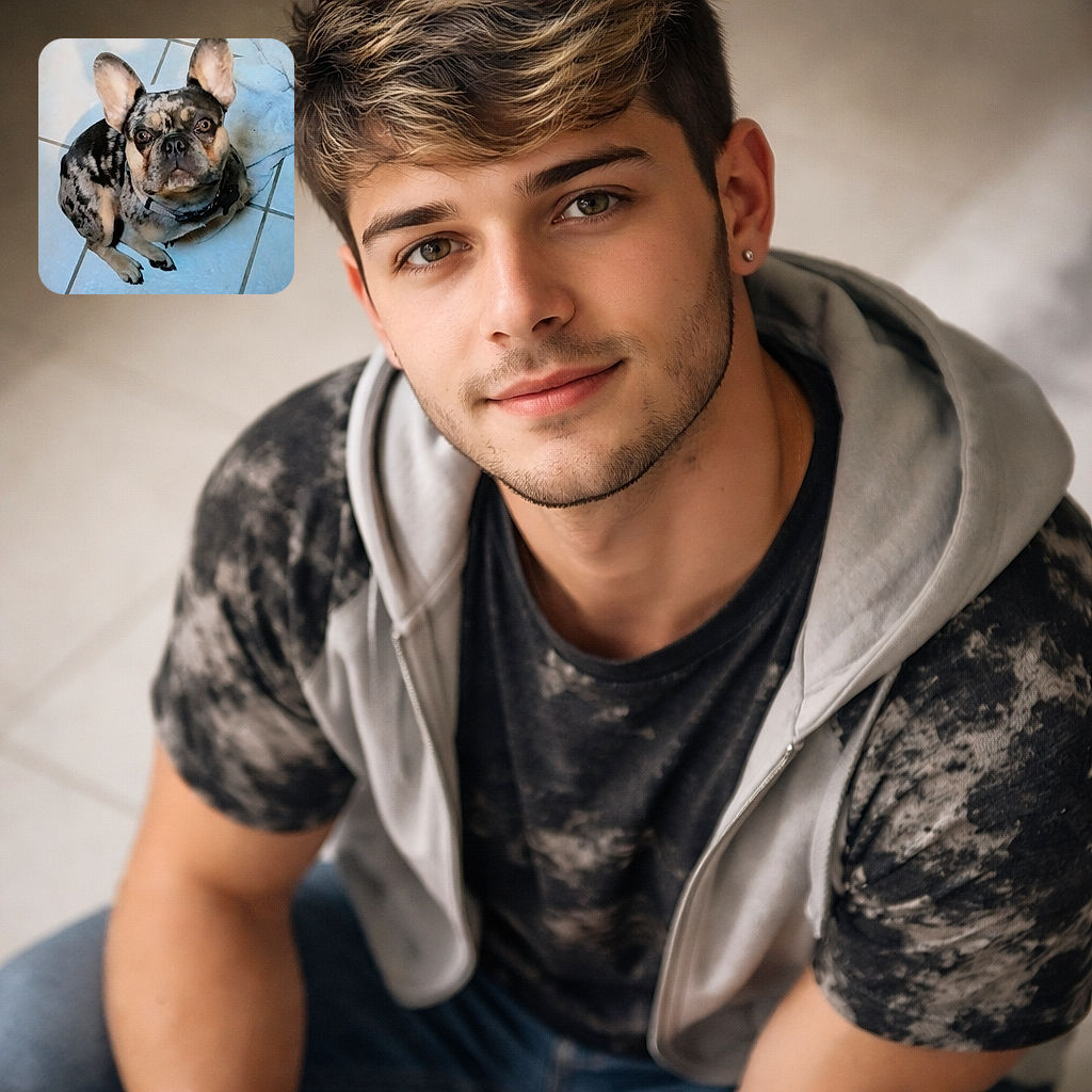 A spotted French Bulldog sits on cool bathroom tiles giving the irresistible 'did you bring snacks?' stare — ears at attention, collar slightly askew, and a towel off to the side like a tiny throne. The camera angle makes the face delightfully large and pleading, as if this pup is auditioning for a snack commercial.