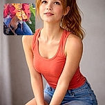 A bright-eyed puppy with a red collar is perched on a person's lap wearing blue jeans and a red sweatshirt, basking in the warm sunlight on a grassy field. Another dog is partially visible in the lower left corner, adding to the playful outdoor vibe.