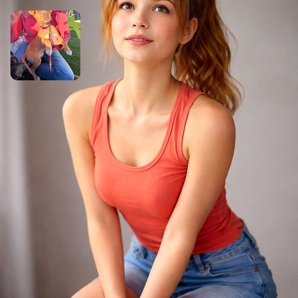 A bright-eyed puppy with a red collar is perched on a person's lap wearing blue jeans and a red sweatshirt, basking in the warm sunlight on a grassy field. Another dog is partially visible in the lower left corner, adding to the playful outdoor vibe.