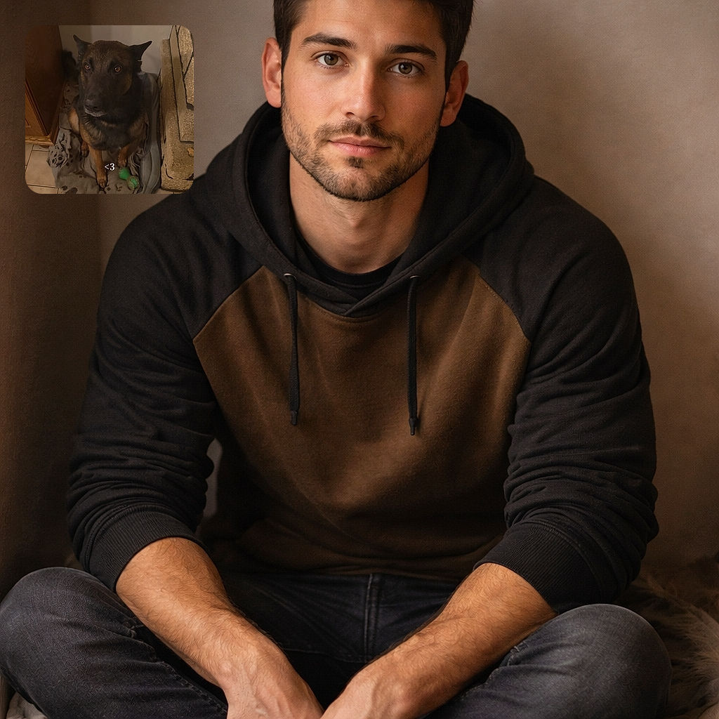 A soulful German Shepherd sitting squarely in its bed, looking up with big pleading eyes while a tiny "<3" hovers over its paws — surrounded by a green chew toy, tiled floor, a cabinet on the left and a stone fireplace on the right. Cozy, slightly dim, and totally guilt-tripping you for treats.