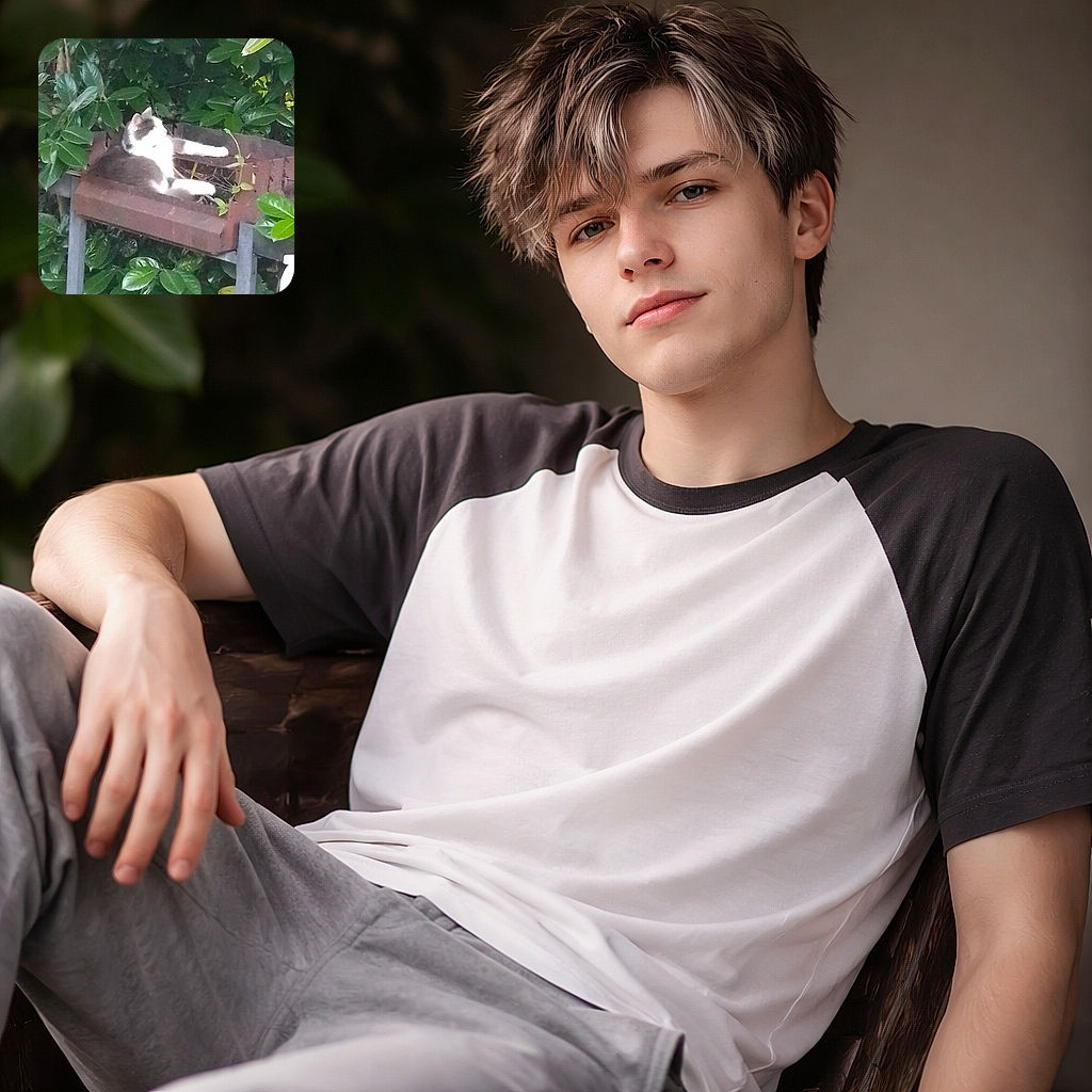 A fluffy cat lounges comfortably on a rusty old grill surrounded by lush green foliage, looking like the king of this secret garden hideout.