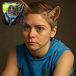 A curious cat with striking blue eyes and a bright blue harness is perched snugly between the branches of a tree, intently gazing at something off-camera. The background shows a sunny, slightly blurred residential area with green grass and buildings, giving a peaceful outdoor vibe.