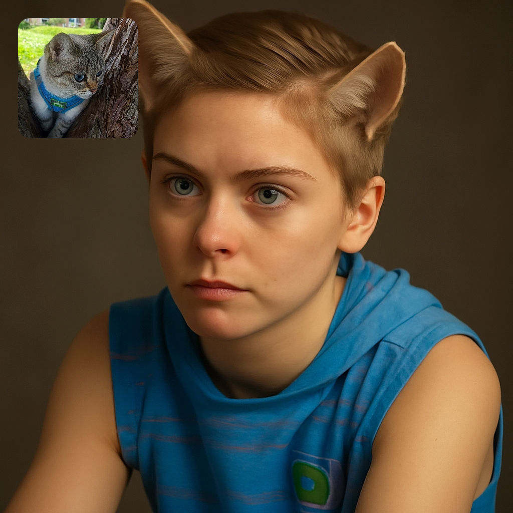A curious cat with striking blue eyes and a bright blue harness is perched snugly between the branches of a tree, intently gazing at something off-camera. The background shows a sunny, slightly blurred residential area with green grass and buildings, giving a peaceful outdoor vibe.