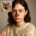 A close-up photo of a Siamese-like cat with striking blue eyes and a unique dark mask pattern on its face, resting comfortably against a neutral background with a hint of bamboo on the left side.