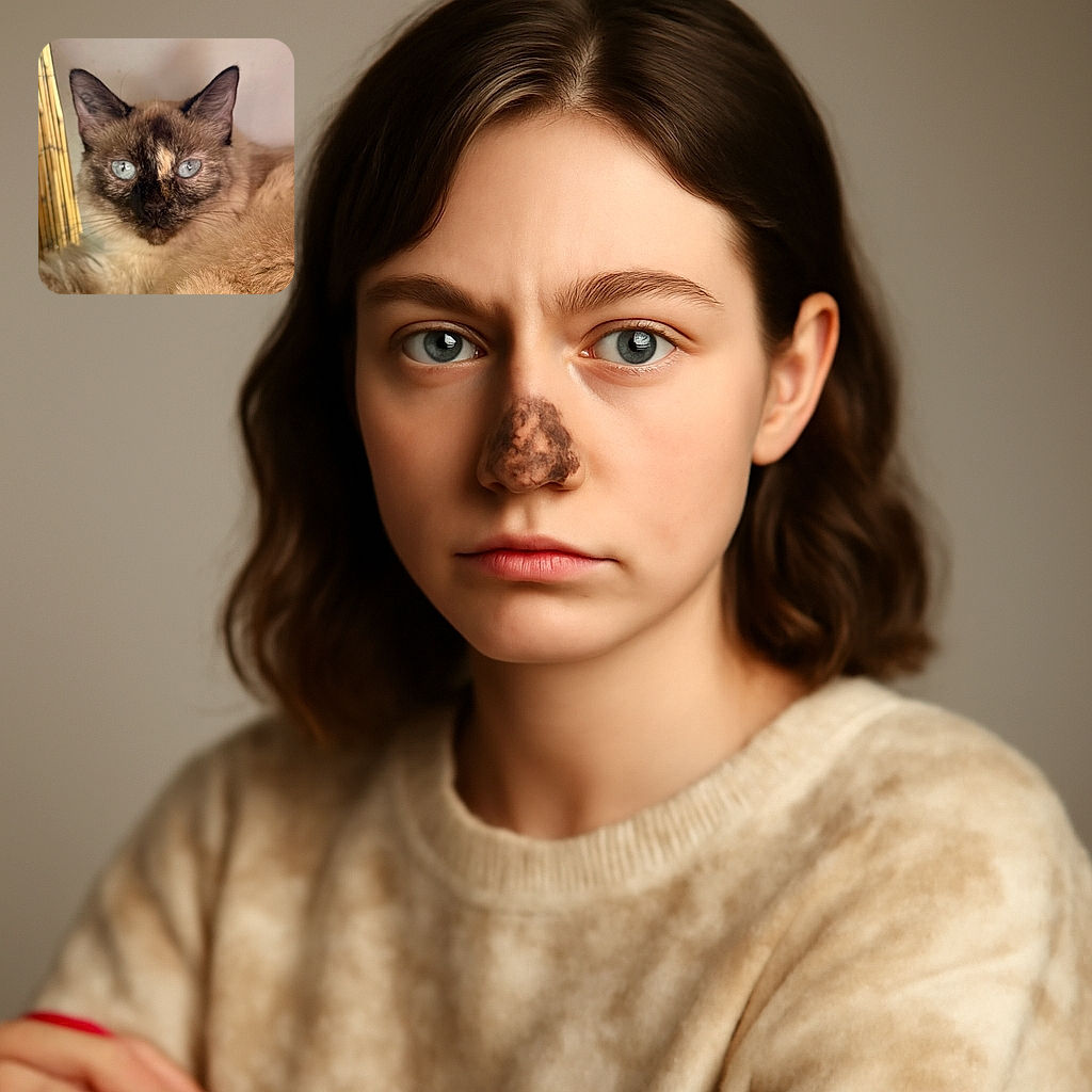 A close-up photo of a Siamese-like cat with striking blue eyes and a unique dark mask pattern on its face, resting comfortably against a neutral background with a hint of bamboo on the left side.