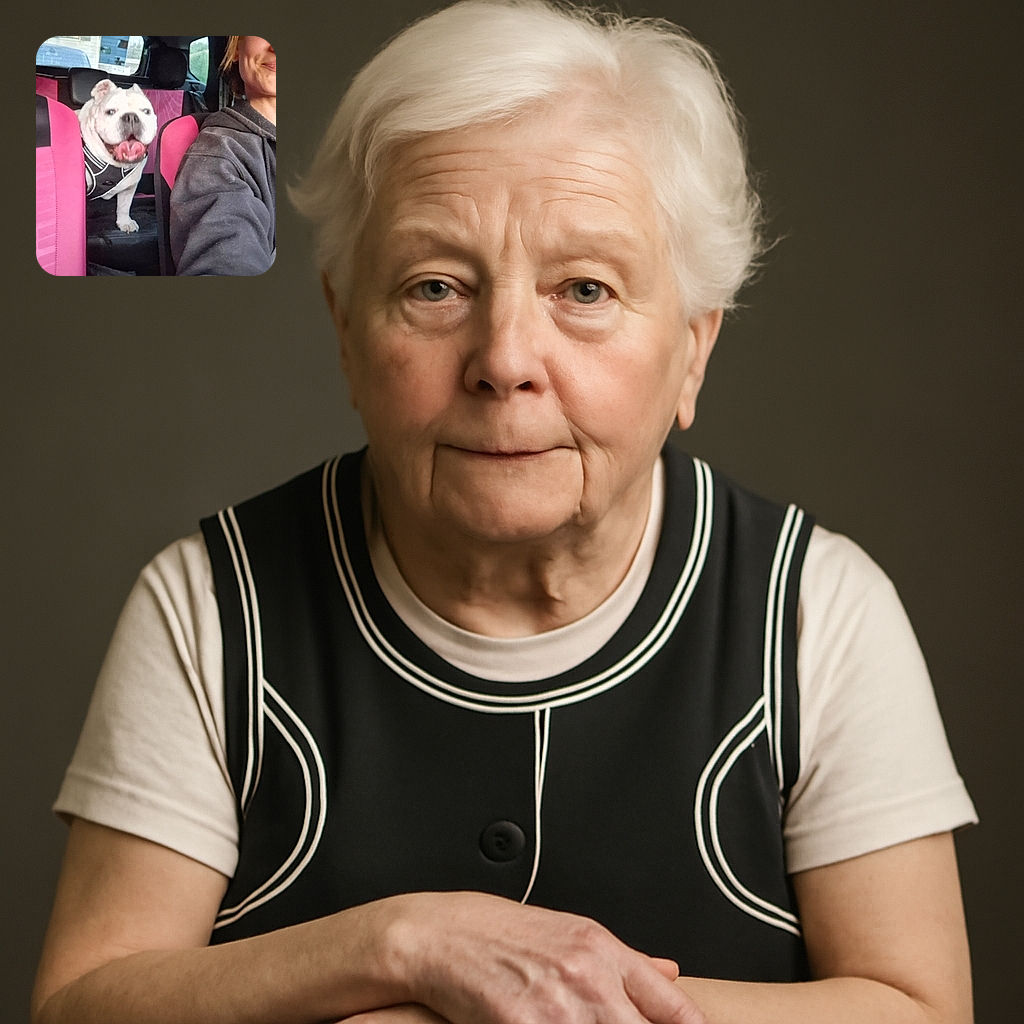 A cheerful bulldog wearing a harness is standing on the back seat of a car with bright pink seat covers, while the driver, a smiling woman in a dark hoodie, is partially visible in the foreground, capturing a candid road trip moment.