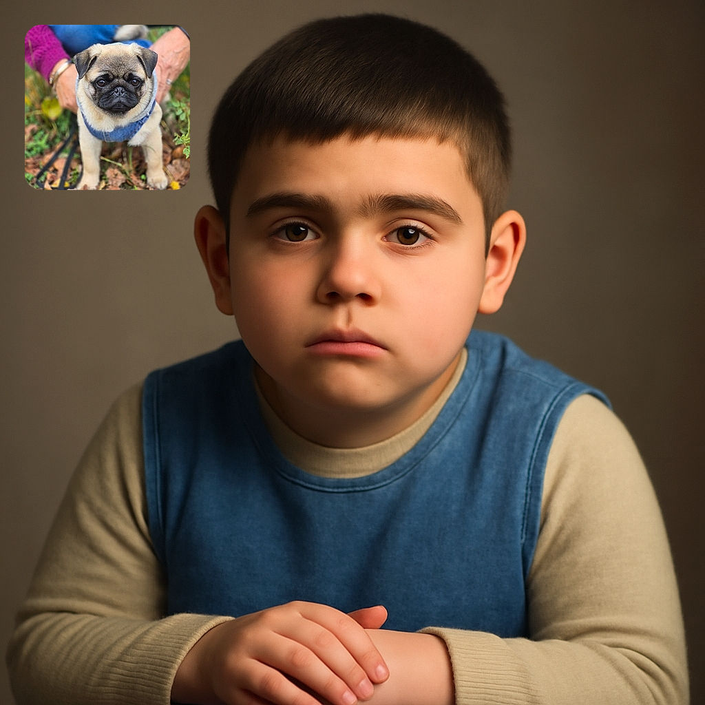 A charming pug puppy wearing a cozy denim jacket stands amidst autumn leaves with a blurred human figure in the background, creating a warm and adorable outdoor scene.